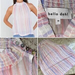 Bella Dahl $119 Coastal Smocked Watercolor Striped Sleeveless Blouse Top NWOT M